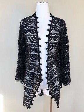PilyQ Black Crochet Lace Pom Pom Trim Open Swim Cover Up